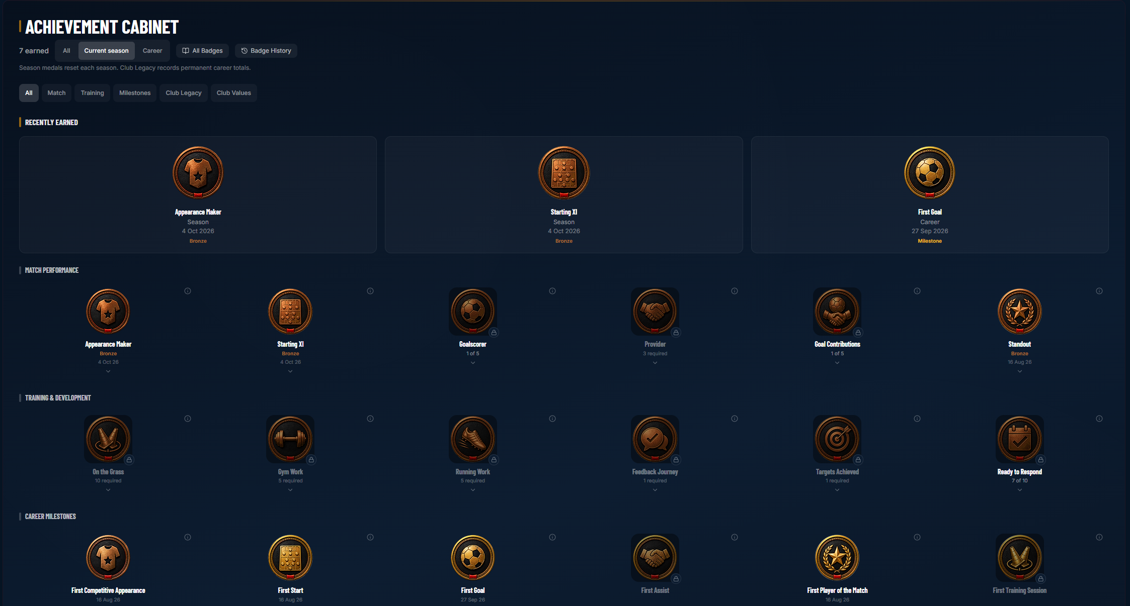 AcademyOne Achievement Cabinet showing earned badges, progress towards match and training achievements, and career milestones