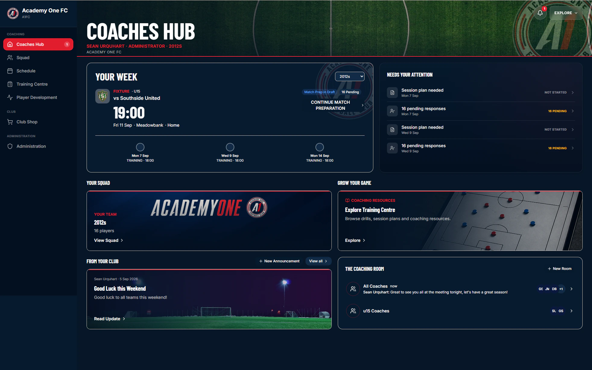 AcademyOne Coaches Hub with next fixture, needs-attention list and coaching cards