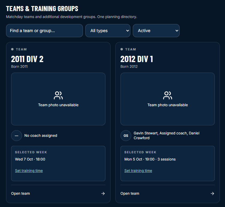 AcademyOne teams and training groups directory showing team birth years, assigned coaches and selected-week training times