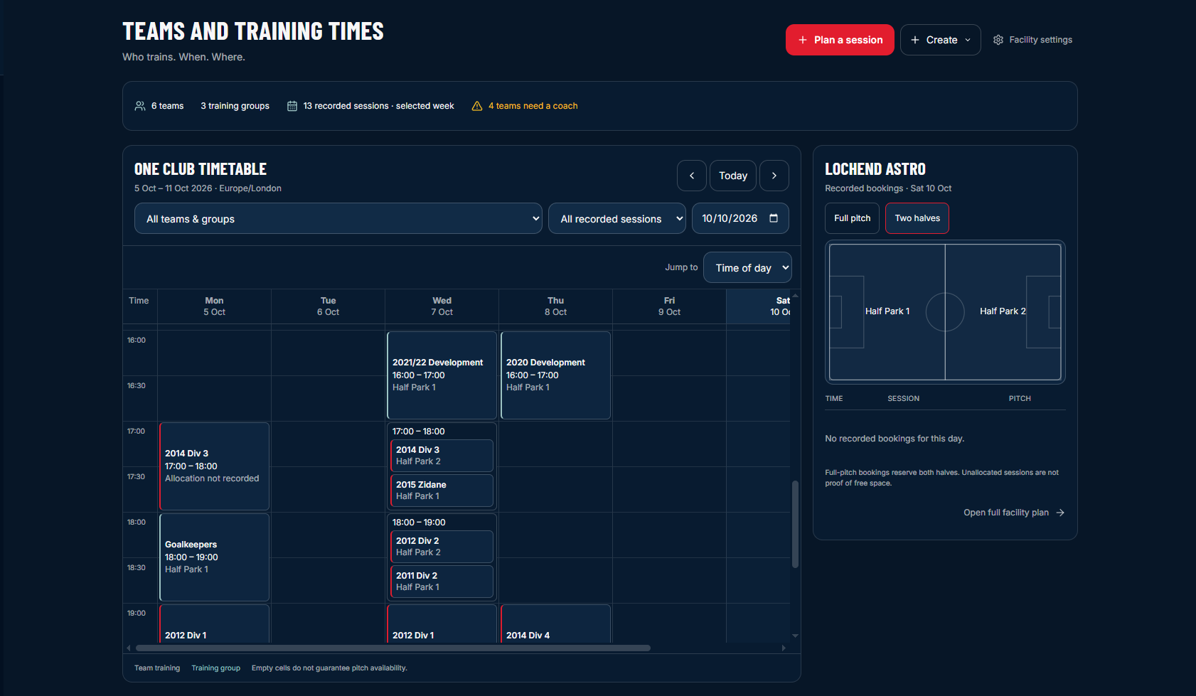 AcademyOne Football Operations showing the club training timetable, team and group sessions, and a split-pitch facility plan