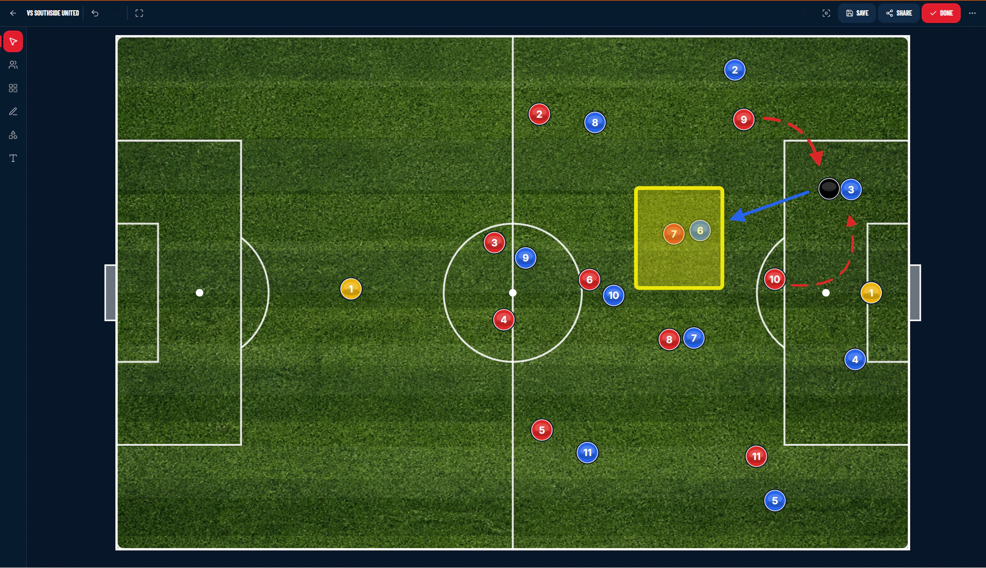 AcademyOne gameplan with highlighted area and movement arrows