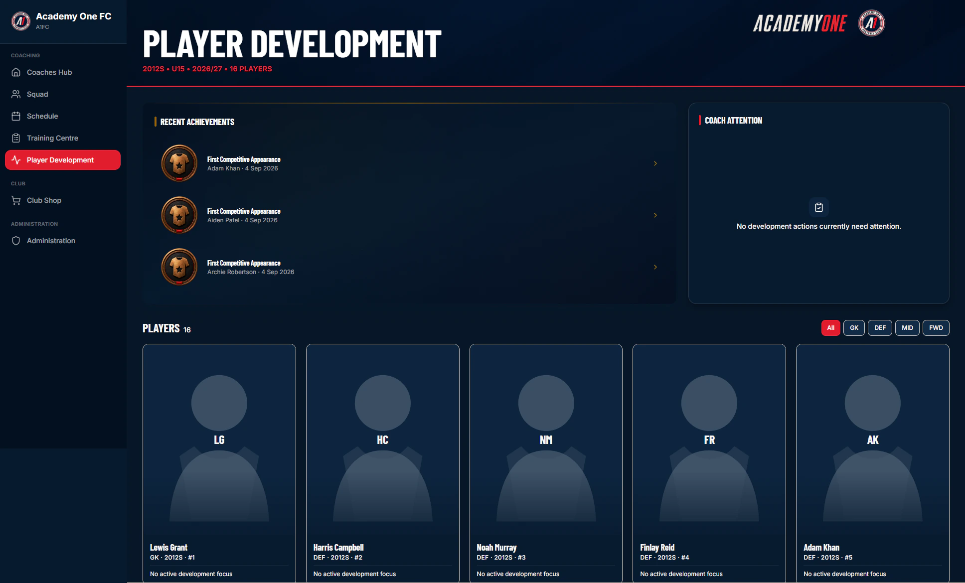 AcademyOne coach development view with recent achievements and squad list