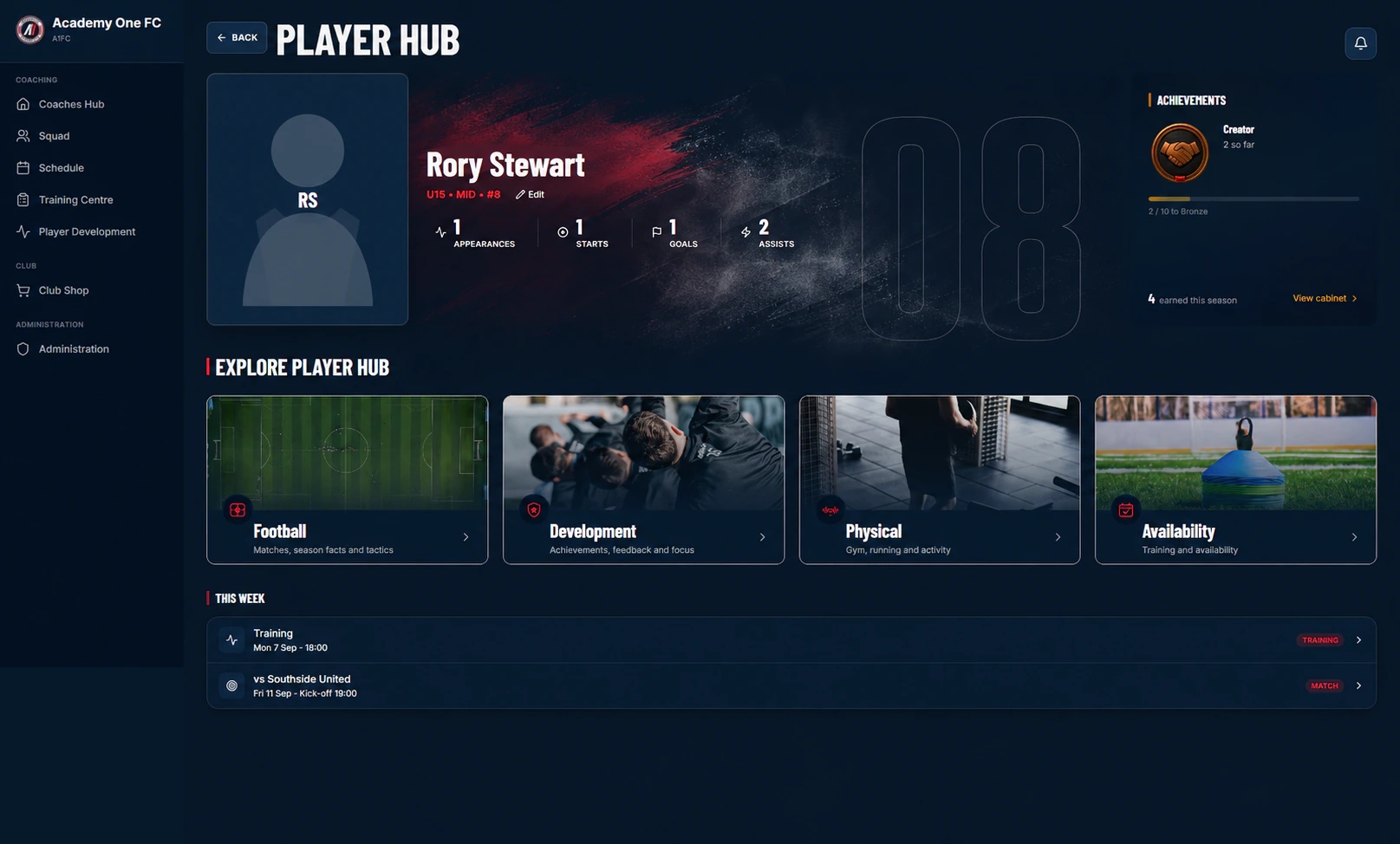 AcademyOne Player Hub showing football, development, physical activity and availability