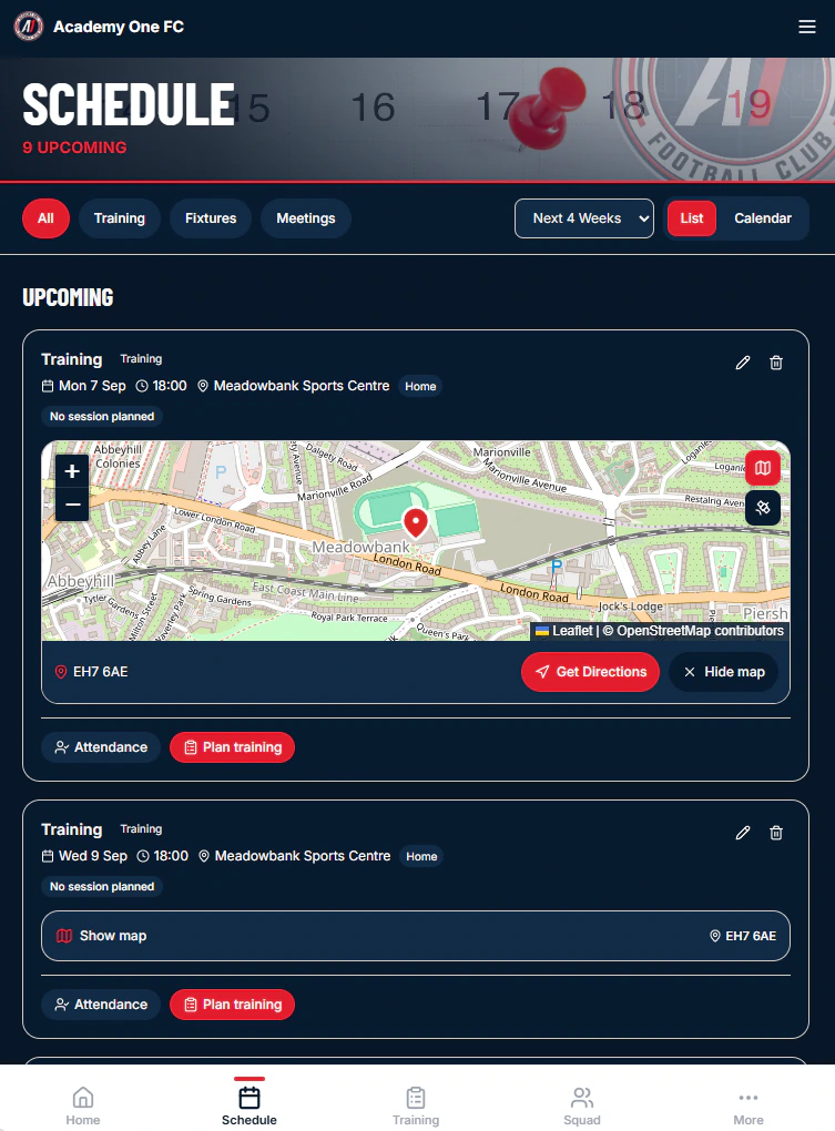 AcademyOne schedule showing training sessions, attendance and location information