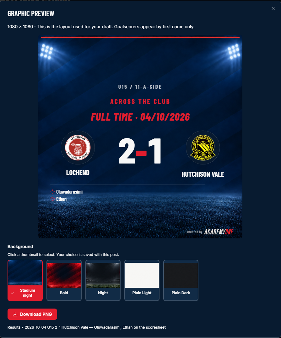 Social Studio match-result graphic preview with club crests, score, first-name goalscorers, five background choices and Download PNG control