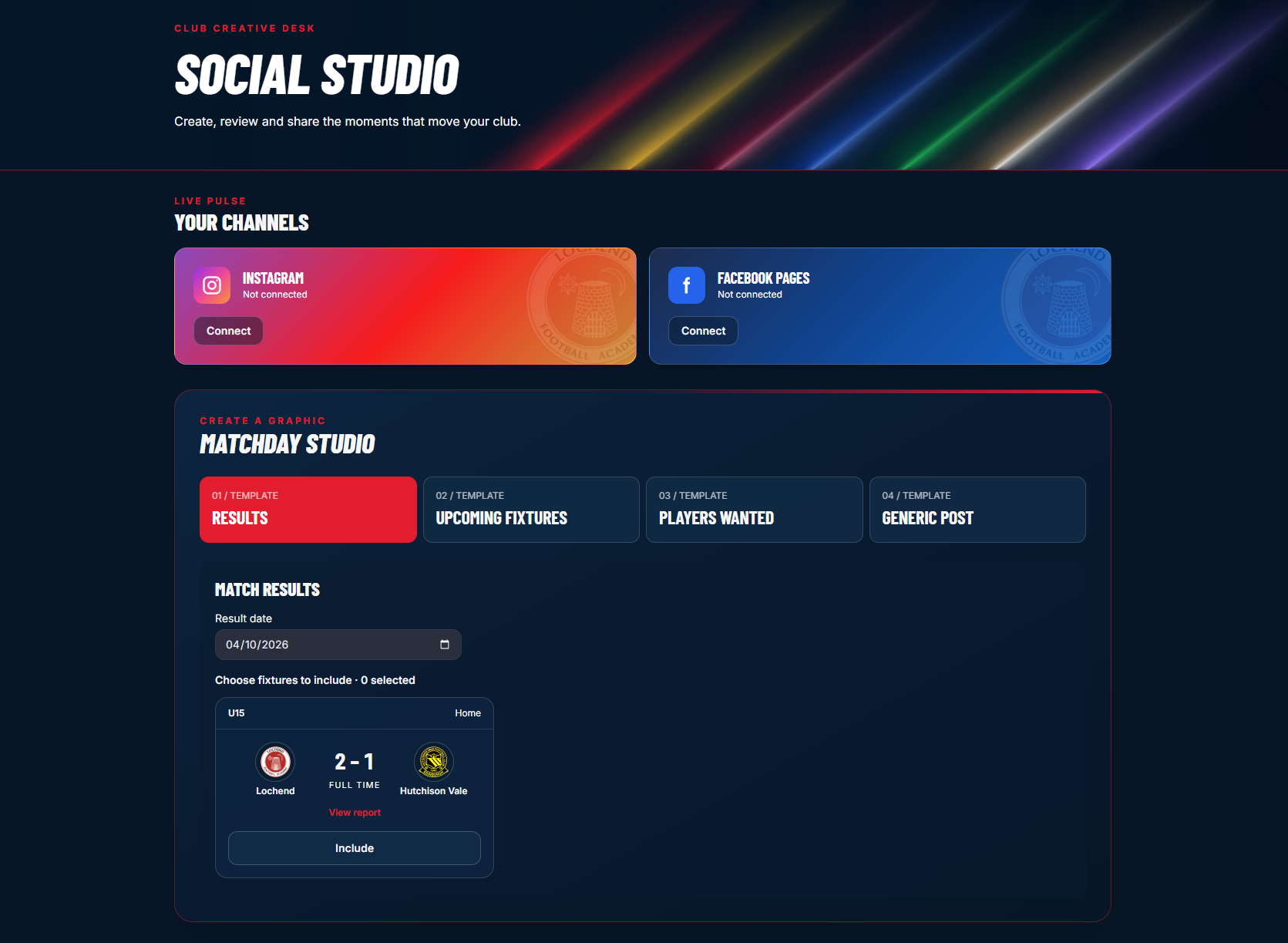 AcademyOne Social Studio workspace showing result selection, four post templates and Instagram and Facebook connection controls